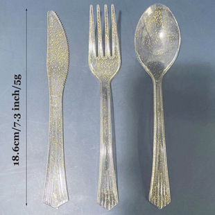 Factory direct selling disposable gold powder PS plastic knife, fork and spoon birthday party picnic party cake tableware