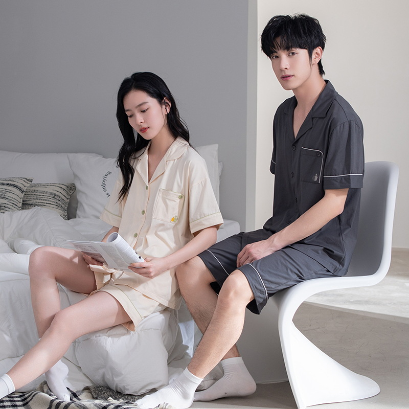[Antibacterial] Couple Pajamas Summer Cotton Thin Cardigan Lapel Short Sleeve Shorts Korean Men's and Women's suit Home Clothes