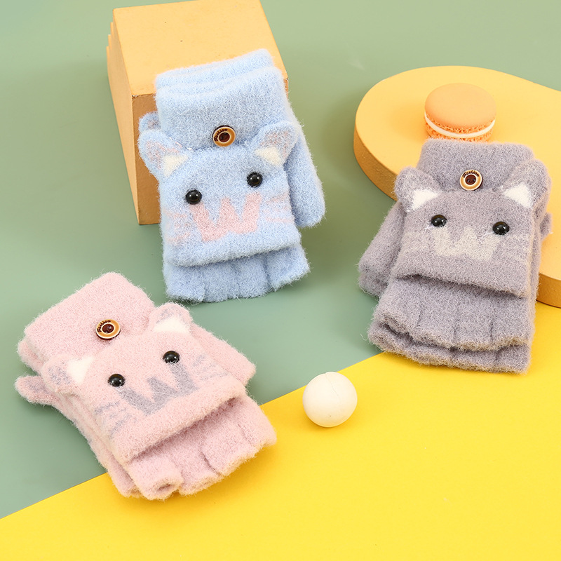 Plush gloves Children Baby windproof writing kitten half finger flip fleece-lined thick warm winter gloves wholesale