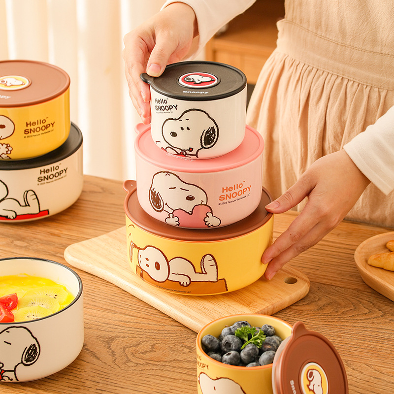 3-piece snoopy fresh-keeping bowl cartoon cute cute fresh-keeping box microwave oven snoopy ceramic lunch box wholesale