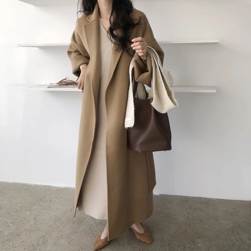 South Korea Dongdaemun 2023 autumn and winter New lace-up cashmere coat Women's Mid-length loose over-the-knee woolen coat_voghion.com