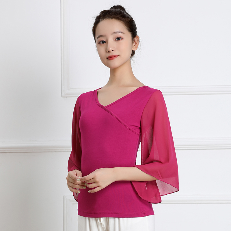 New Modal Dance Suit Chiffon Horn Gauze Sleeve Square Dance Dance Top V-Neck Team Performance Suit