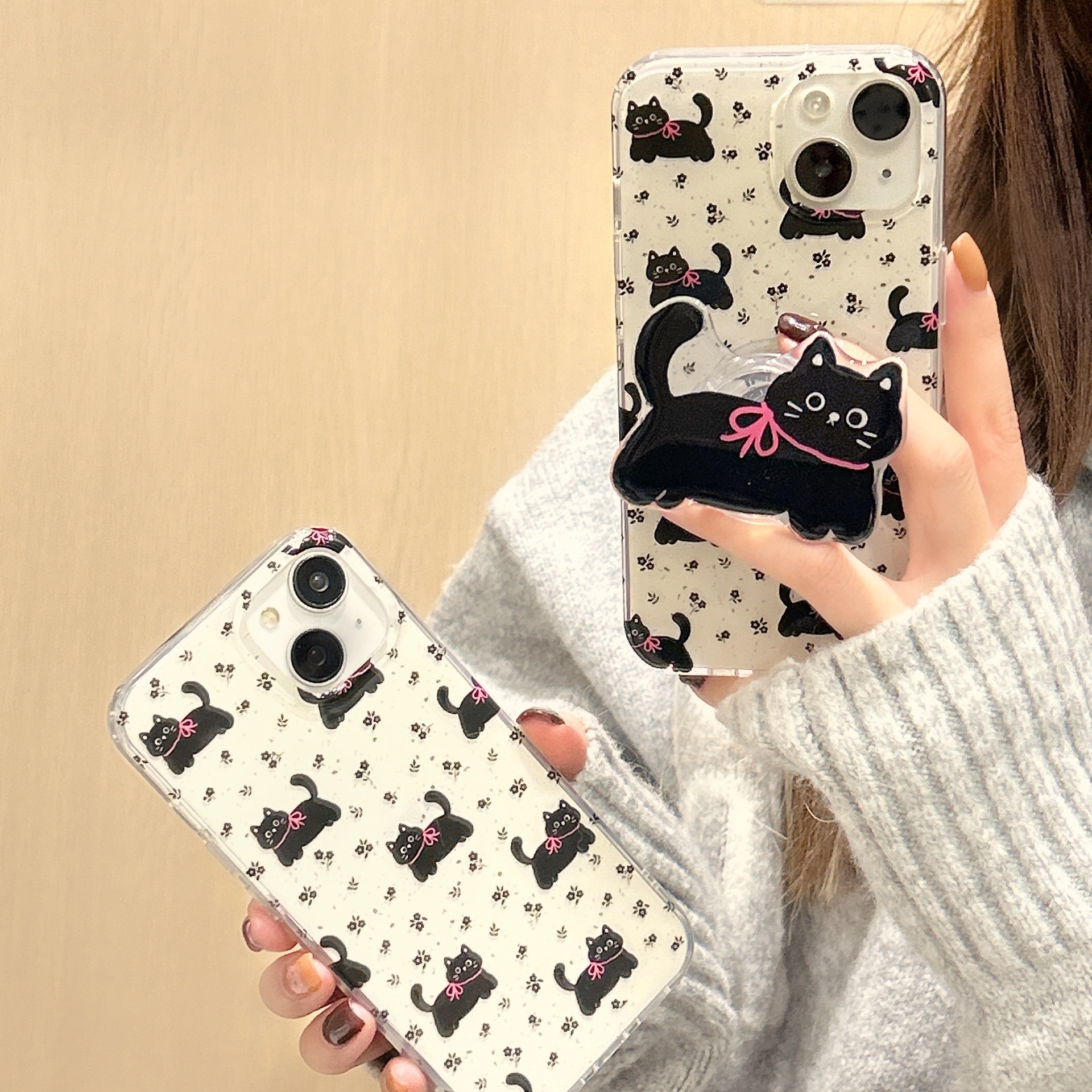 雙層印花黑色滿屏黑貓適用蘋果15手機殼iPhone14ProMax新款13女12