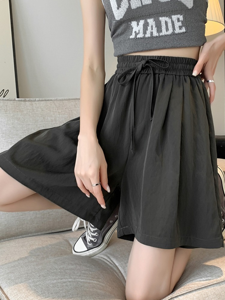 Ice silk shorts women's summer thin elastic waist loose plus size straight cool pants wide leg pants 125.00kg