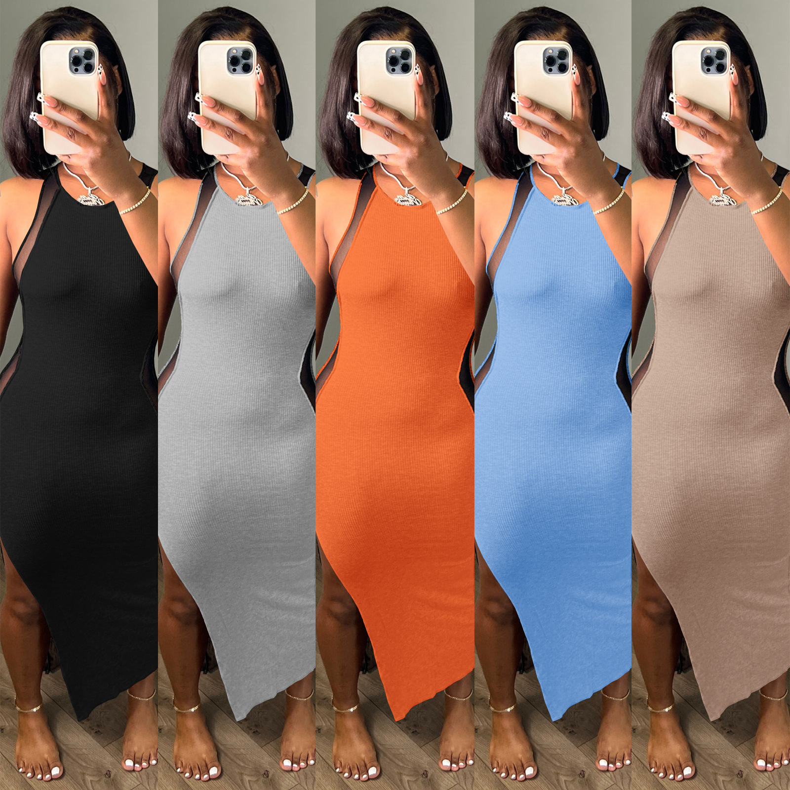 10130 European and American Women Fashion Casual Solid Color Sexy Split Dress