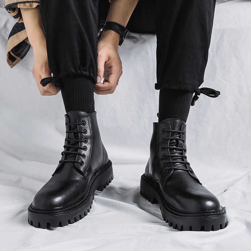 Internet Popular Martin Boots Men's High-top Trendy Spring and Autumn British Style Retro Mid-top Leather Shoes Heightened Black Leather Boots