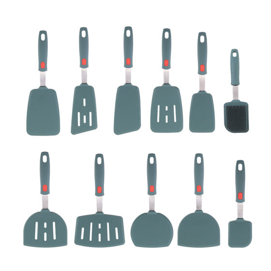 Dark Green Silicone Kitchenware Stainless Steel Handle Frying Shovel Leakage Shovel Kitchen Utensils Cooking Shovel Silicone Frying Pan Pot Shovel