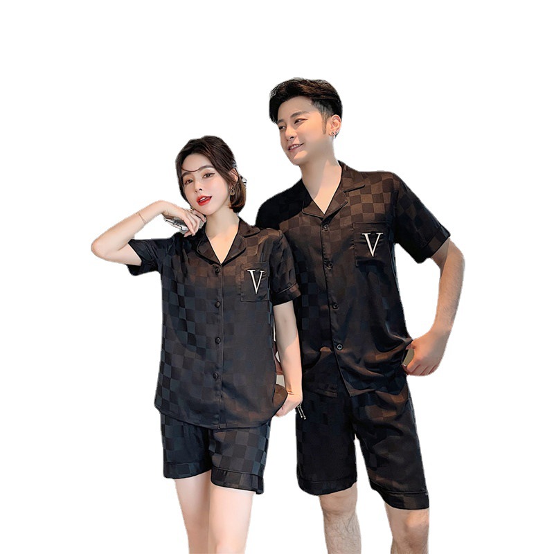 Couple's Ice Silk Pajamas Summer Women's Short-sleeved Shorts Set Men's Simple Plaid Jacquard Outfit