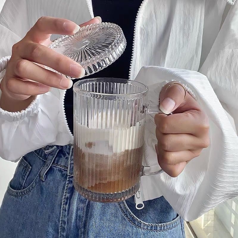 简约ins风竖条纹玻璃杯家用水杯饮料杯子带盖高颜值牛奶杯早餐杯