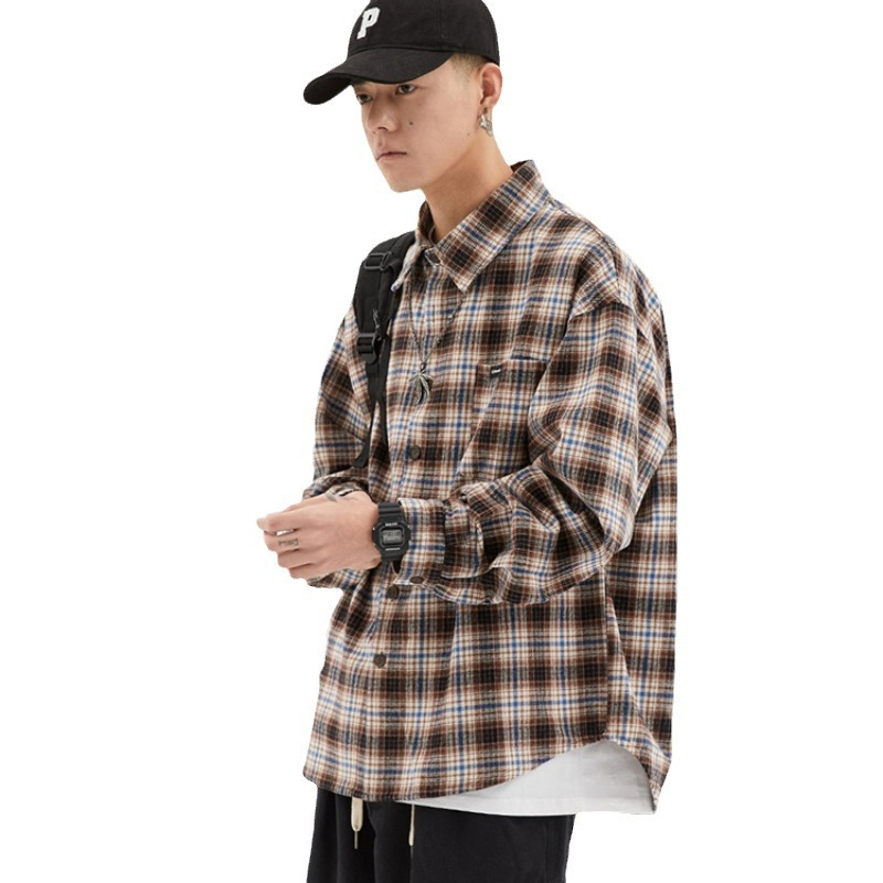 Spring and Autumn Long Sleeve Plaid Shirt Men's Fashionable Ins Internet Celebrity Casual Shirt Jacket