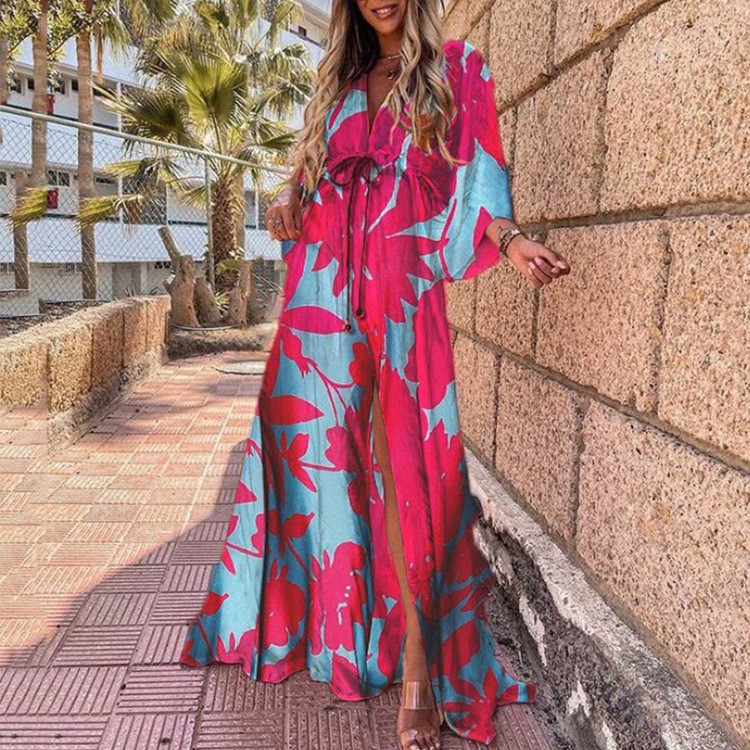 2024 Summer AliExpress European and American Foreign Trade Women's Wear ins Amazon V-Neck Printing Lace-up Long dress