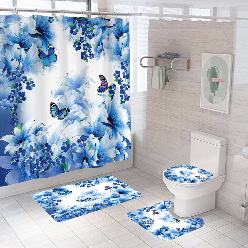 Shower Curtain Polyester 3d Digital Printing Punch-free Waterproof Shower Curtain Rose Butterfly Set Bathroom Curtain Set Four Pieces
