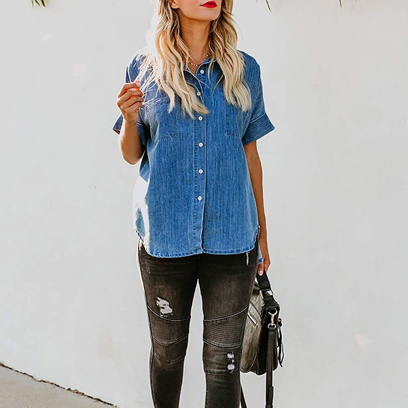 2023 Spring/Summer Independent Station Amazon Cross-border Lel Short-sleeved Denim Shirt European and American Loose Solid Color Top Women's Clothing
