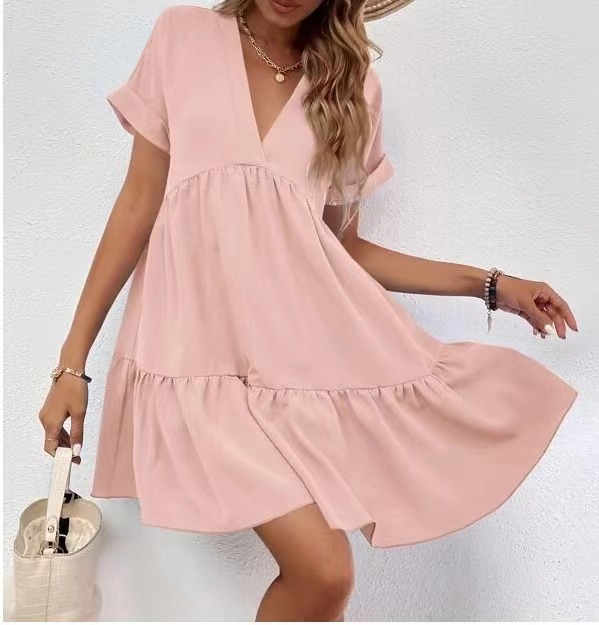 2023 European and American summer new women's clothing fresh sweet V-neck solid color large swing casual short skirt dress
