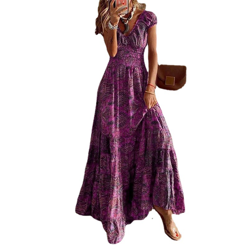 European and American cross-border bohemian style 2023 new long dress tight waist floral print large swing dress