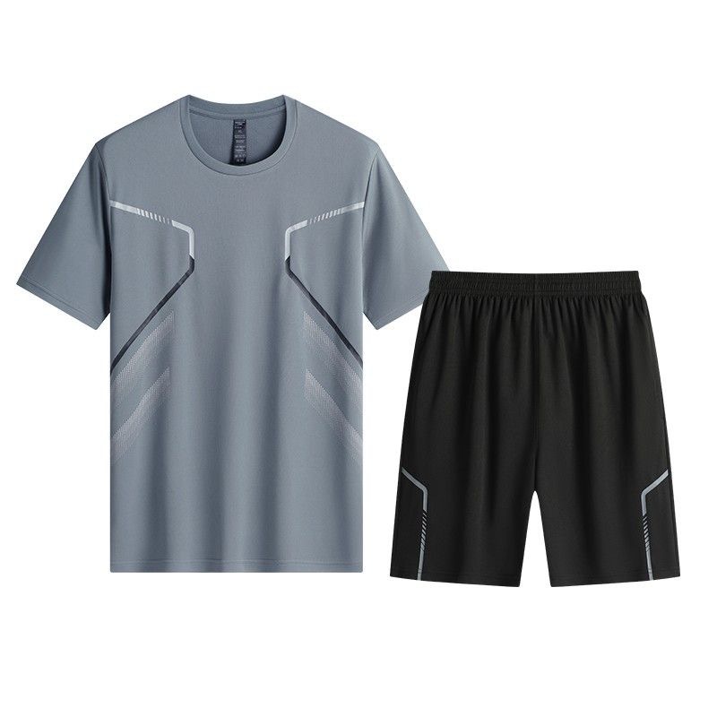 Fitness Clothes Men's Ice Silk Short-sleeved T-shirt Quick-drying Summer Sportswear suit Basketball Morning Runner Shorts Training Room