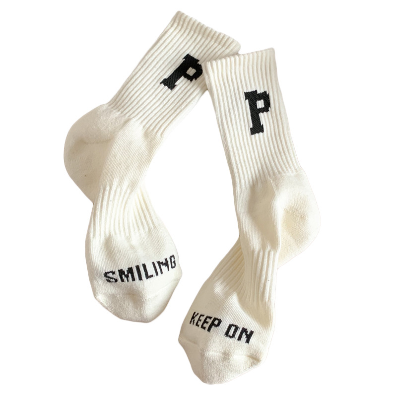 Women's Autumn and Winter Ins Fashionable Korean Style Sports Collocation Shark Pants Combed Cotton P Letter Mid-barrel Towel Socks