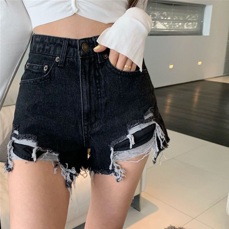 European and American ripped casual distressed raw edge jeans short high-waist hot pants hip-covering hip-lifting pants street hip-hop pants for women