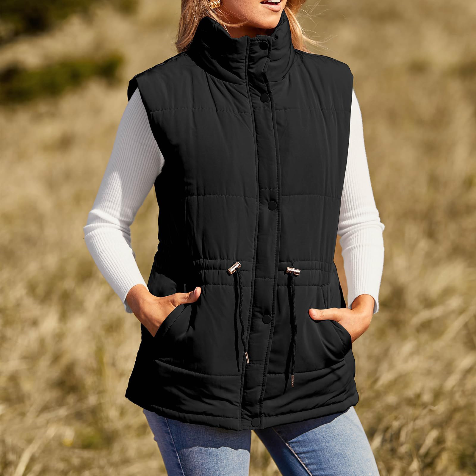 2024wish European and American solid color waist-tight single-breasted mid-length cotton-padded vest slim-fit elegant cardigan coat