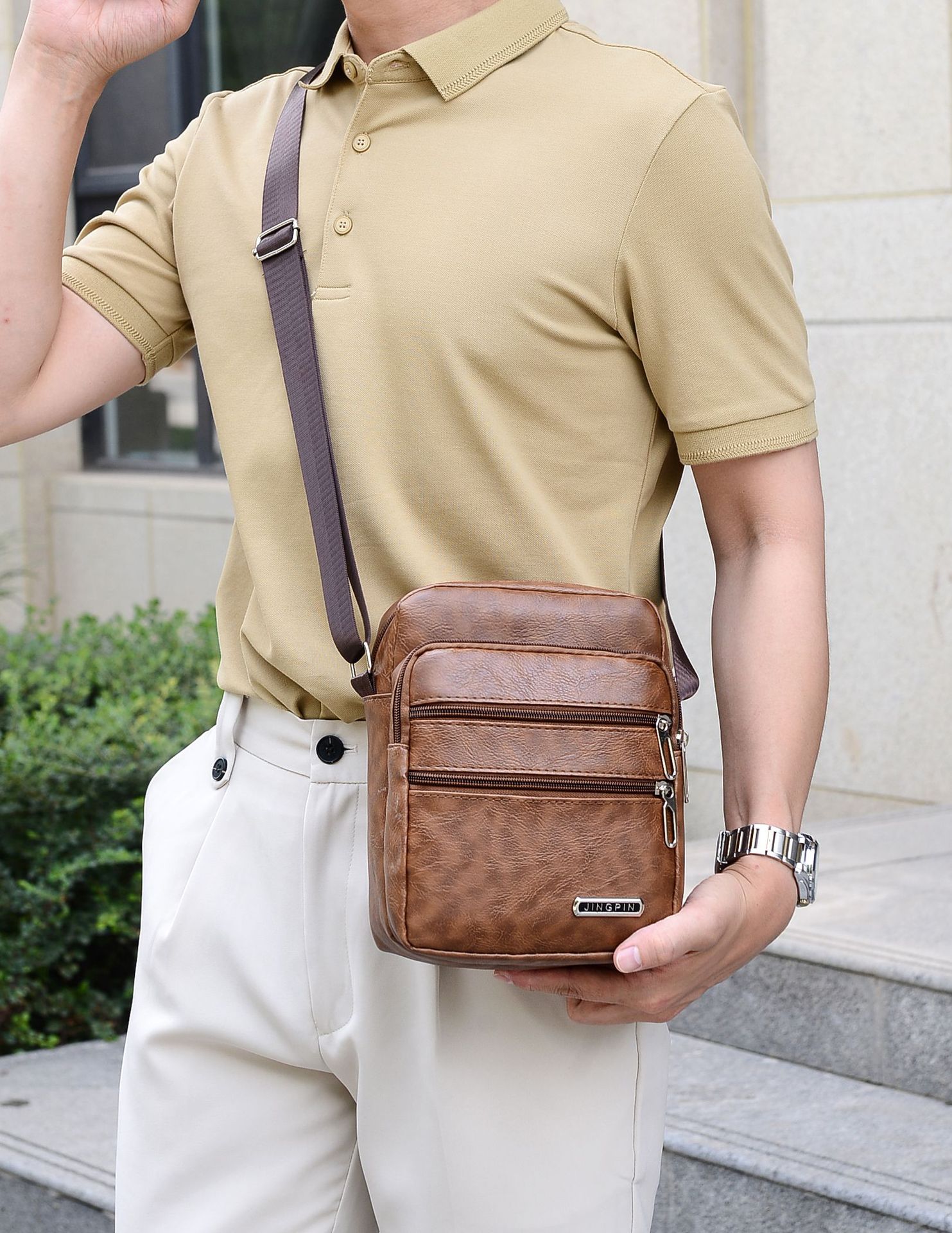 Men's bag New PU leather large capacity shoulder bag imitation leather casual business crossbody bag multi-layer fashion single backpack wholesale