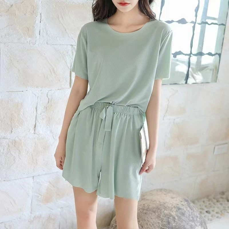 Ice Silk Pajamas Women's Summer Short-sleeved Pants Three-piece Suit Thin Outer Wear Slimming Loose Large Size Women's Home Clothes
