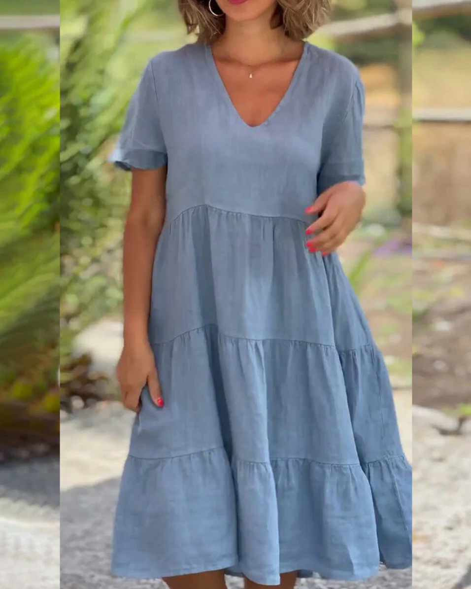 European and American summer new women's clothing fresh sweet V-neck solid color large swing casual short skirt dress