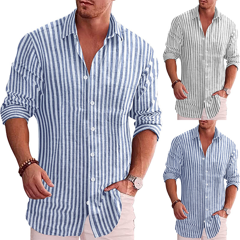 2023 foreign trade autumn and winter fit European and American men's long-sleeved shirt men's ordinary casual youth lapel striped lining