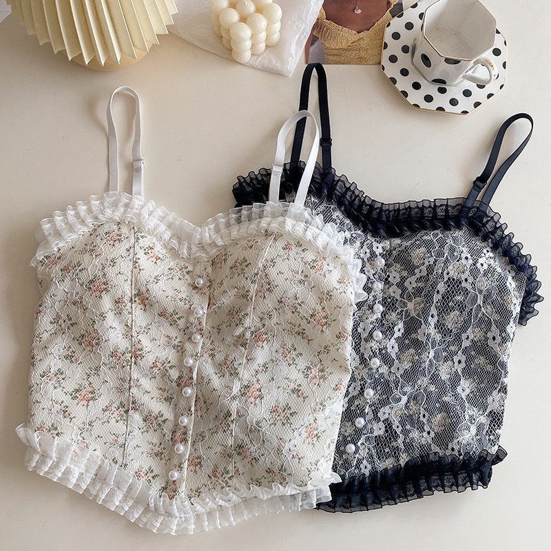 Lace Floral Small Sling Vest with Chest Pad Explosive Beautiful Back Wrap Chest Anti-light Outer Wear Base Top Women's Tube Top