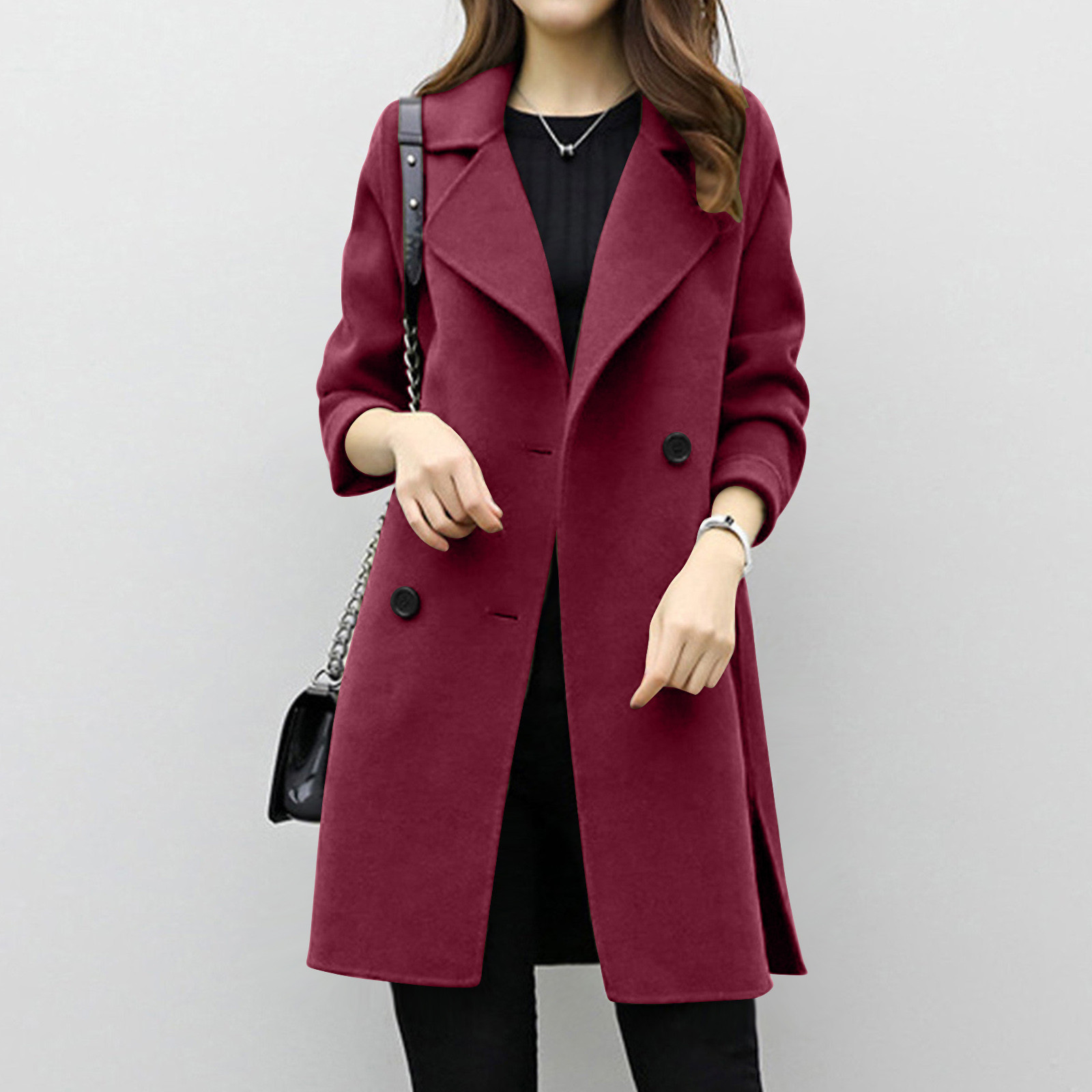 Woolen coat mid-length double-breasted long sleeve solid color woolen coat for women_voghion.com