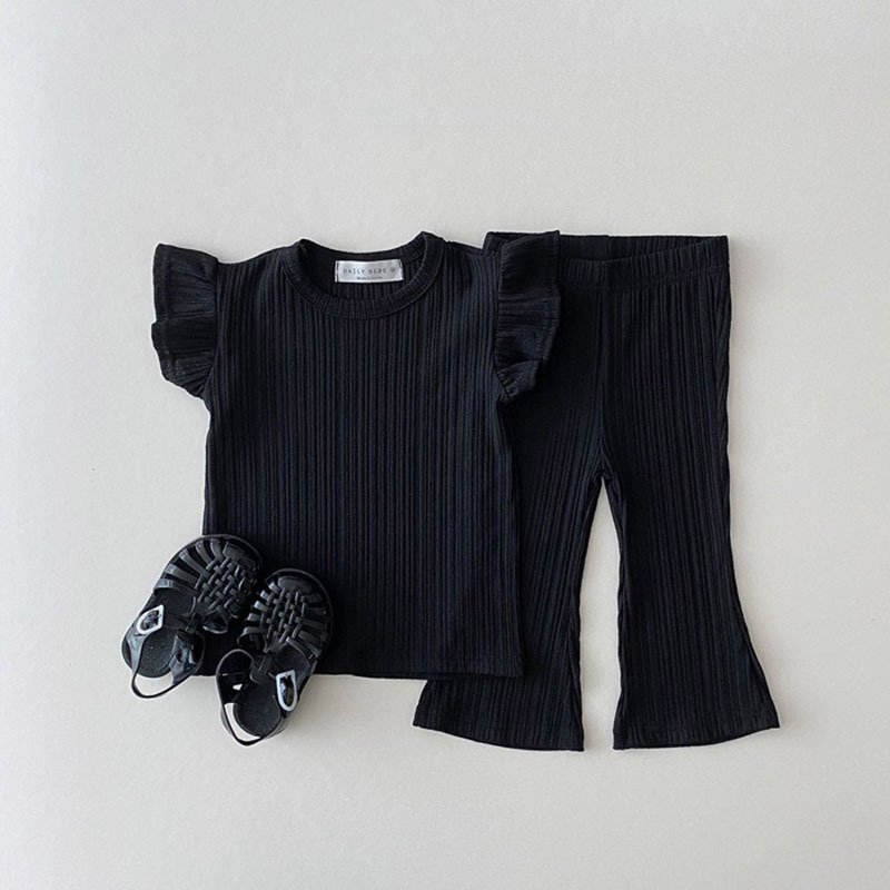Korean version of baby and young children's clothing cool thin flying sleeve t-shirt + bell-bottom pants fashion Princess suit baby home clothes two pieces