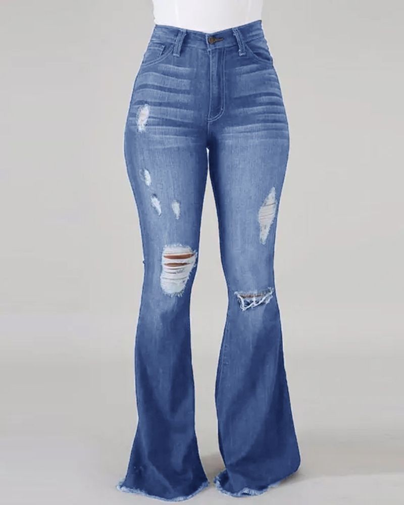 Cross-border foreign trade supply Amazon European and American Internet celebrity high elastic ripped jeans high waist flared trousers factory direct sales