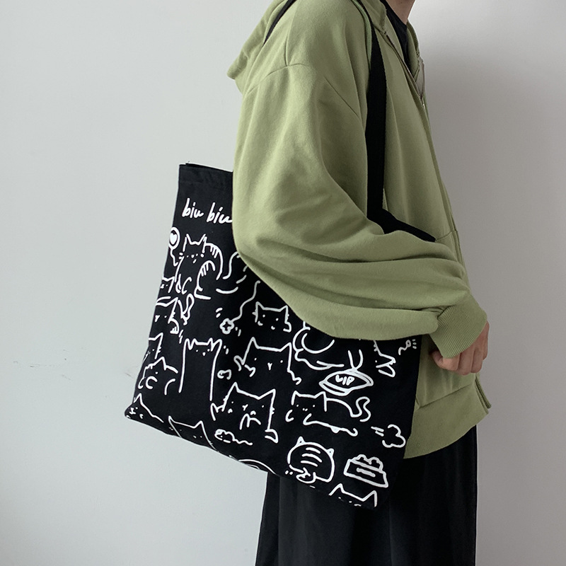 2024 Art Design Carino Animale Dipinto a Mano Illustrazione Borsa a Tracolla Borsa da Scuola Borsa Artistica Retro Grande Capacità Borsa in Tela Donna_voghion.com