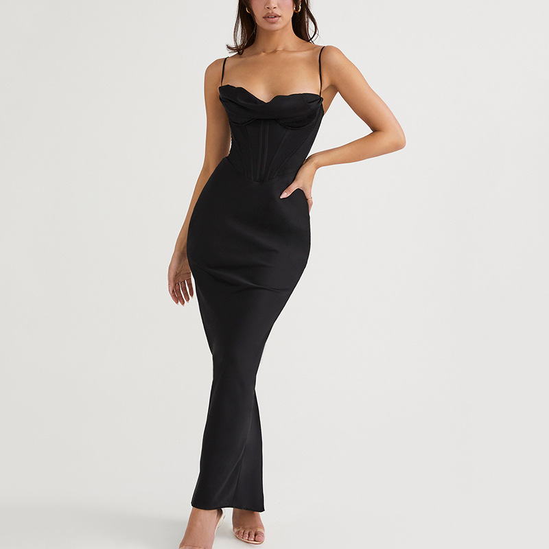 Europe and the United States sexy women's dress Amazon new sexy pile collar satin Fishbone pleated suspender dress