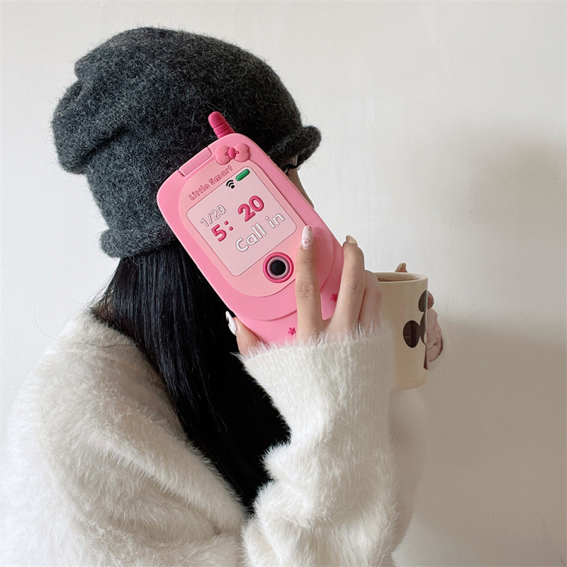 粉色翻蓋手機造型鏡子適用iphone15Promax蘋果13/14手機殼11/12女