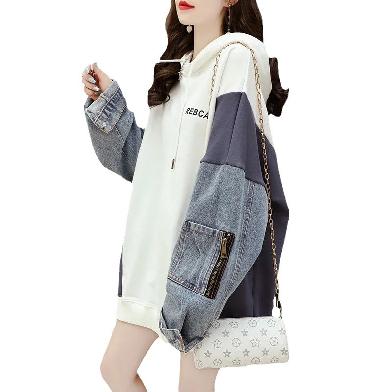 Denim Stitching Hooded Sweater Fake Two-piece Mid-length Loose 2023 New Korean Style Large Size Pullover Hoodie