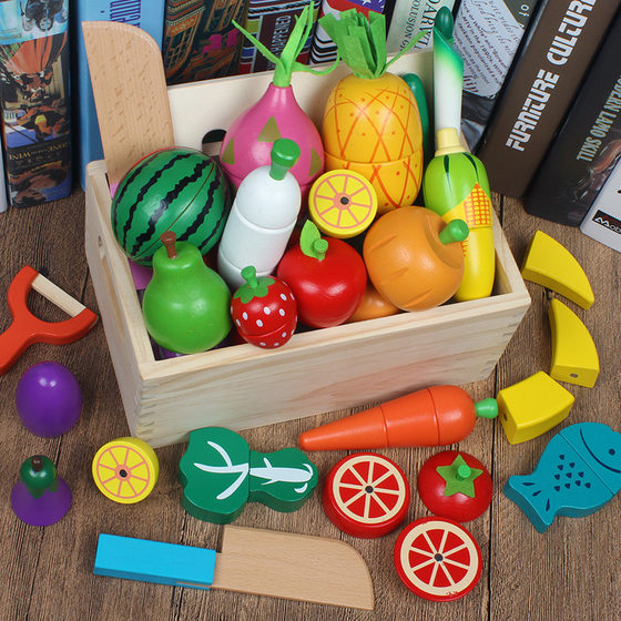 Wooden magnetic children's educational play house toy simulation fruit cutting game vegetable cutting music Wholesale