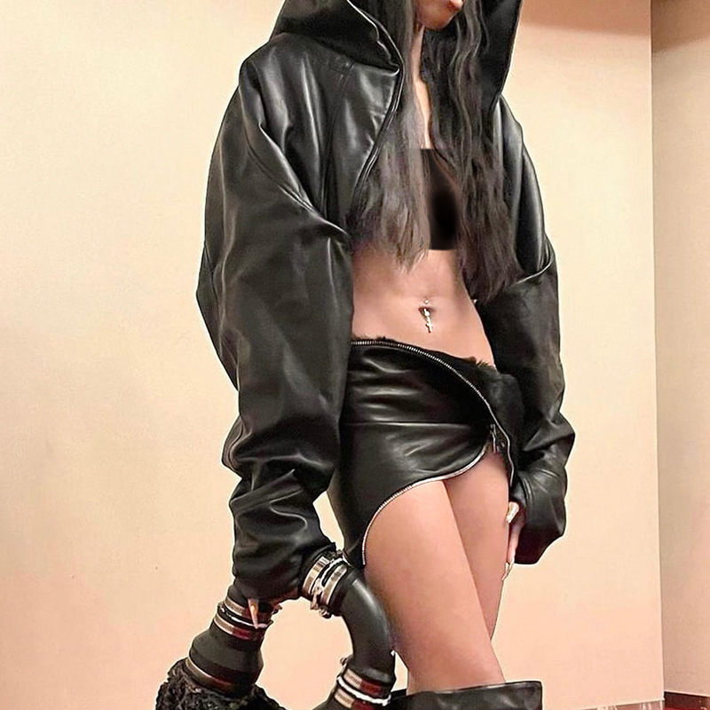 Autumn and Winter new European and American style personalized leather coat solid color loose hooded leather blouse hot girl irregular leather top