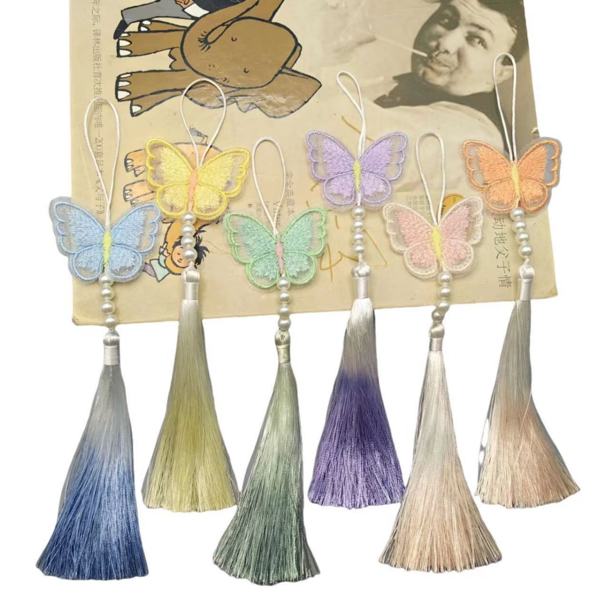 Chinese Style Double-Sided Embroidery Butterfly Tassel Small Spike Hanfu Folding Fan Children's Wear Pendant Accessories