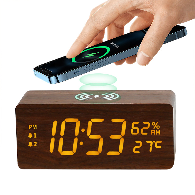 Multifunctional 15W fast charging wooden temperature and humidity wireless charging LED calendar clock sleeping alarm clock creative electronic clock
