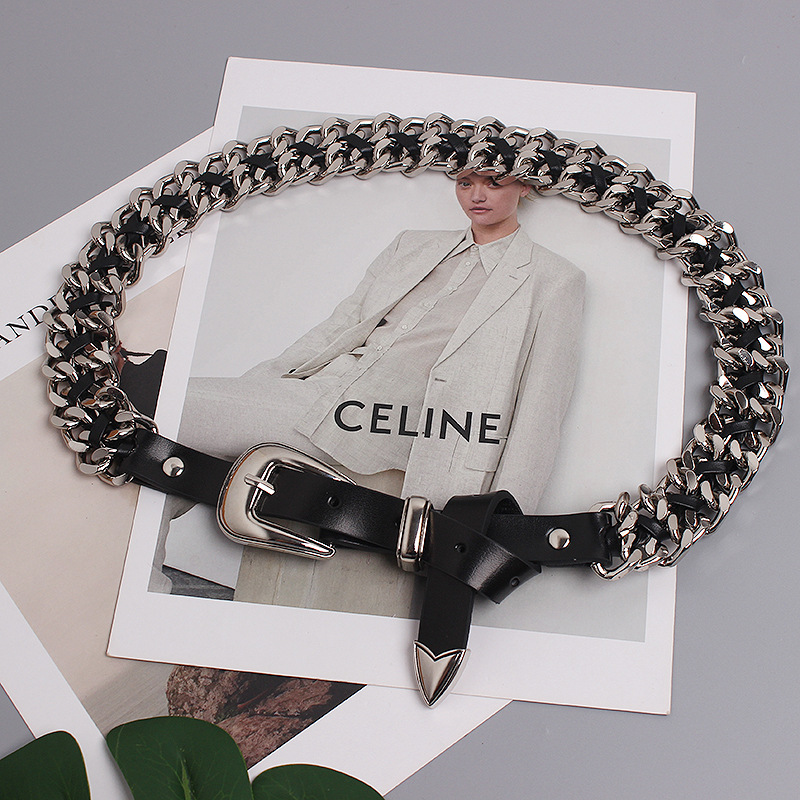 Hong Kong Style Dark Concave Style Fashionable All-match Double-layer Chain Waist Chain Stitching Leather Belt Belt Belt Women's Trendy