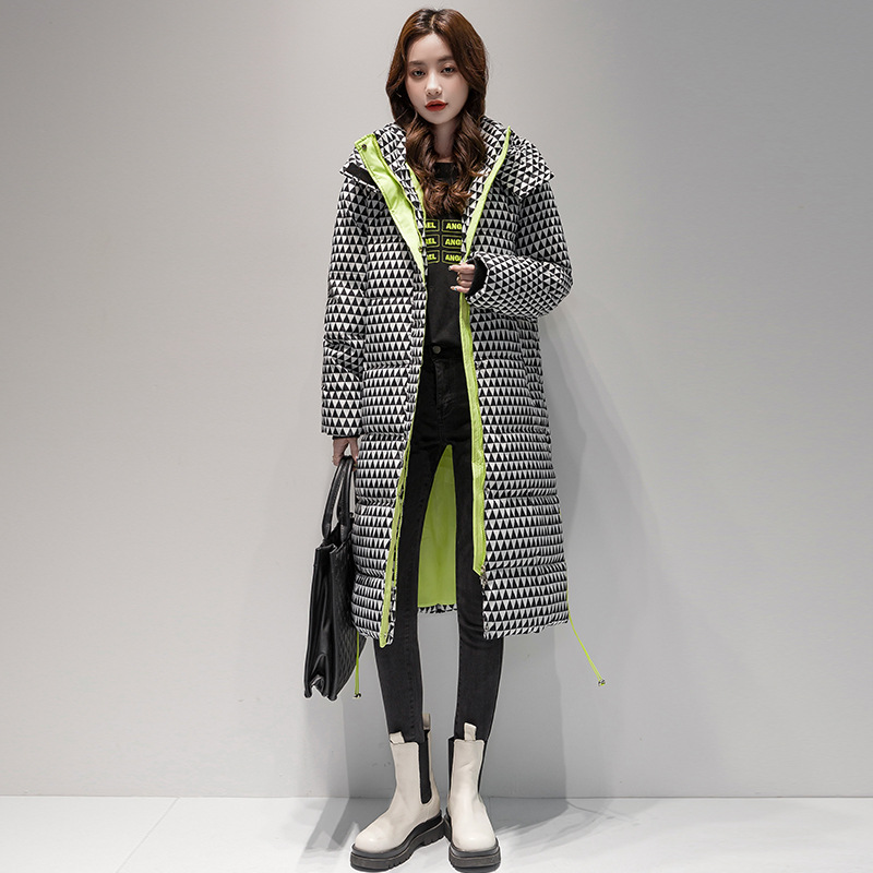 Hooded plaid over-the-knee long Internet celebrity fashion loose and versatile temperament plaid women's mid-length down jacket for women trendy