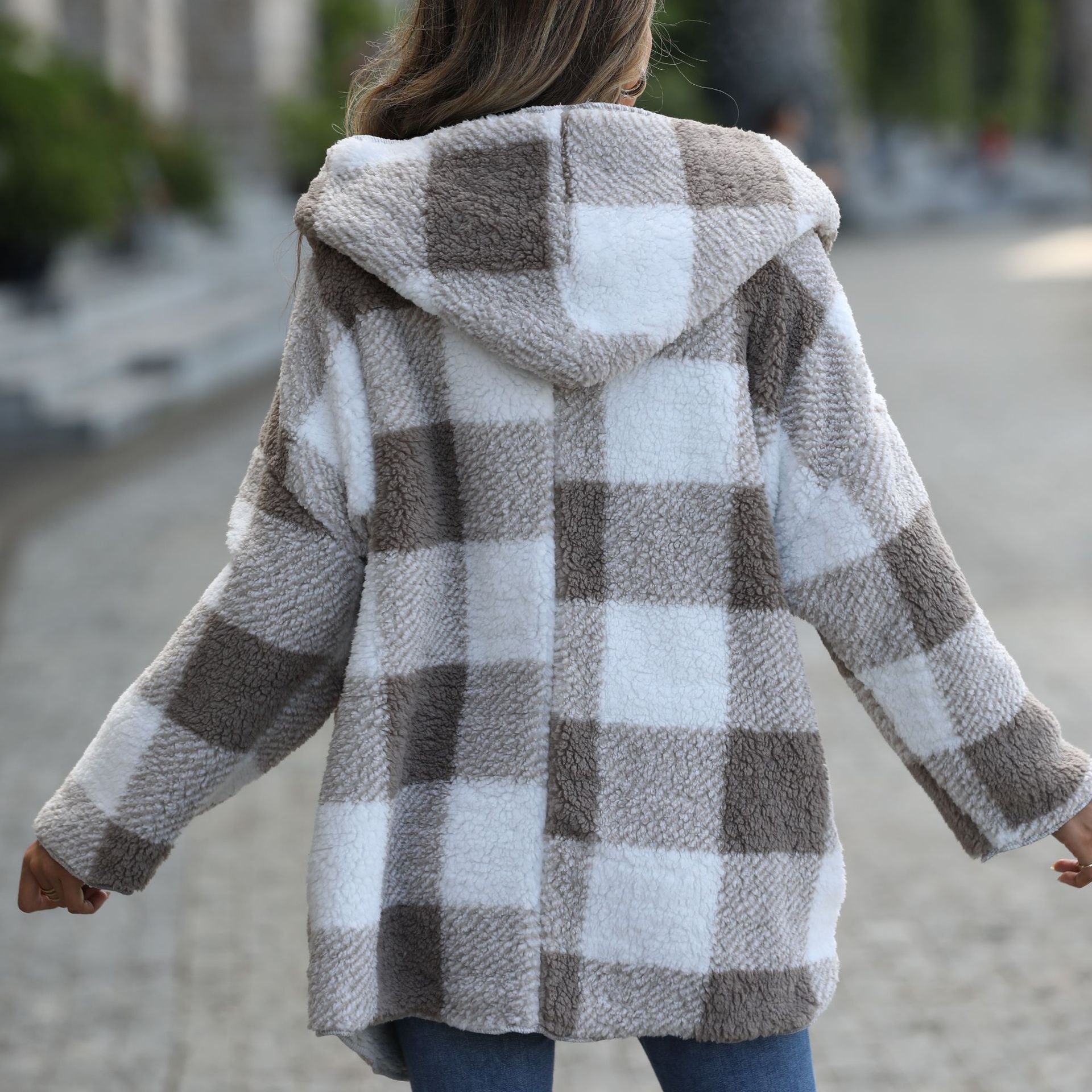 Flash Velvet European and American New Casual Plush Women's Hooded Regular Long Sleeve Loose Plaid Bubble Velvet Coat_voghion.com