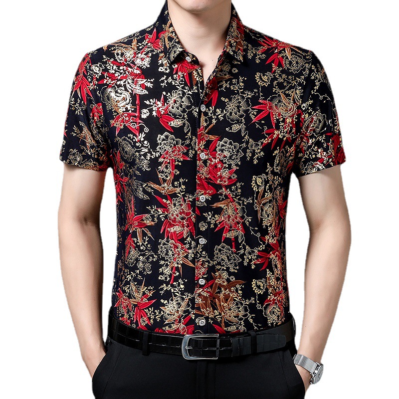 Middle-aged men's summer short-sleeved floral shirt loose non-ironing casual half-sleeve ice silk shirt bronzing thin shirt fashion