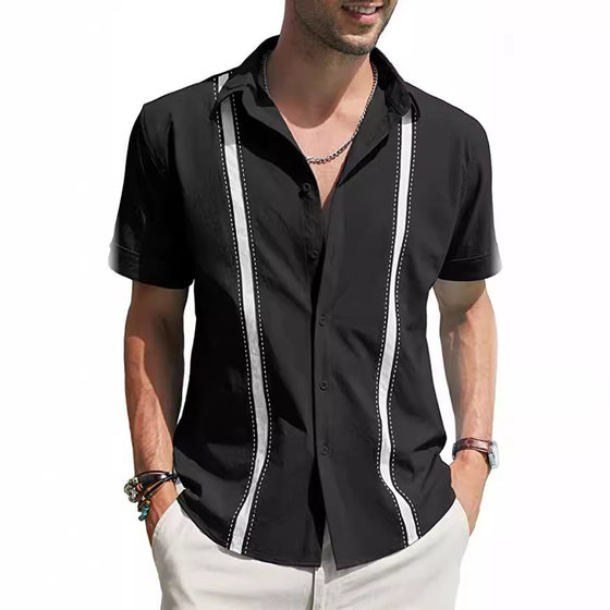 Amazon AliExpress Summer Men's Lapel Colorblock Short Sleeve Linen Shirt Cuban Shagua Abella Shirt