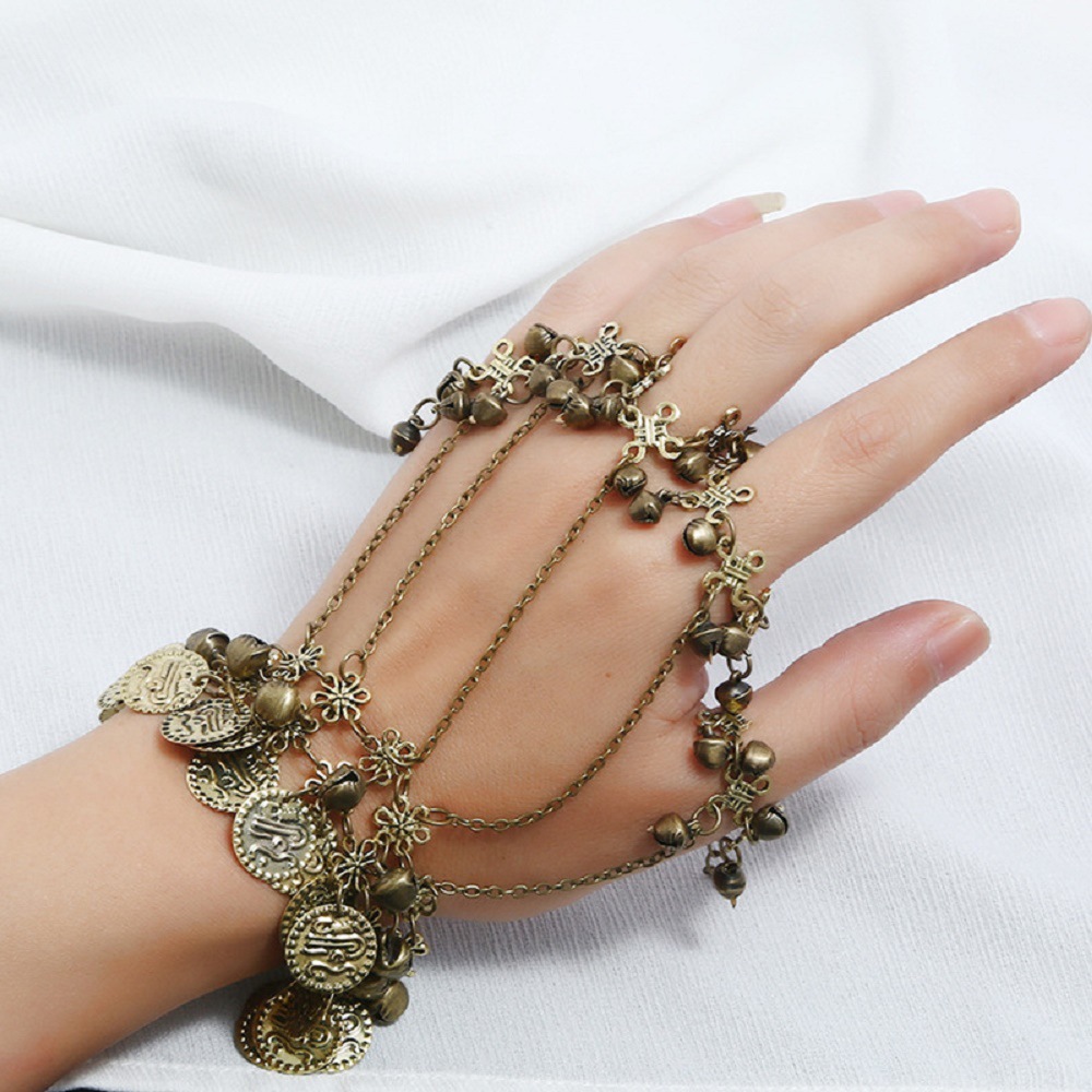Zixia Fairy Zhu Yin, the same style, ear picking, Zhu Yin vintage coin, five-finger ring tassel Bell bracelet