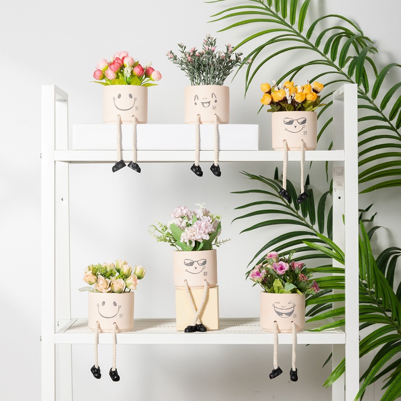 Creative Expression Hanging Feet Doll Ceramic Flower Pot Artificial Flower Potted Plant Green Plant Indoor Balcony Desktop Decoration Crafts
