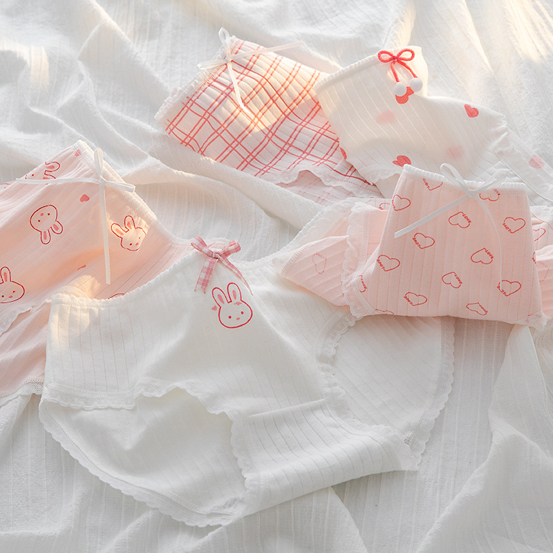Japanese Girl's Soft Girl's Underwear Love Cute Rabbit Printed Underwear Women's Pure Cotton Crotch Mid-Waist Hip Girls' Briefs