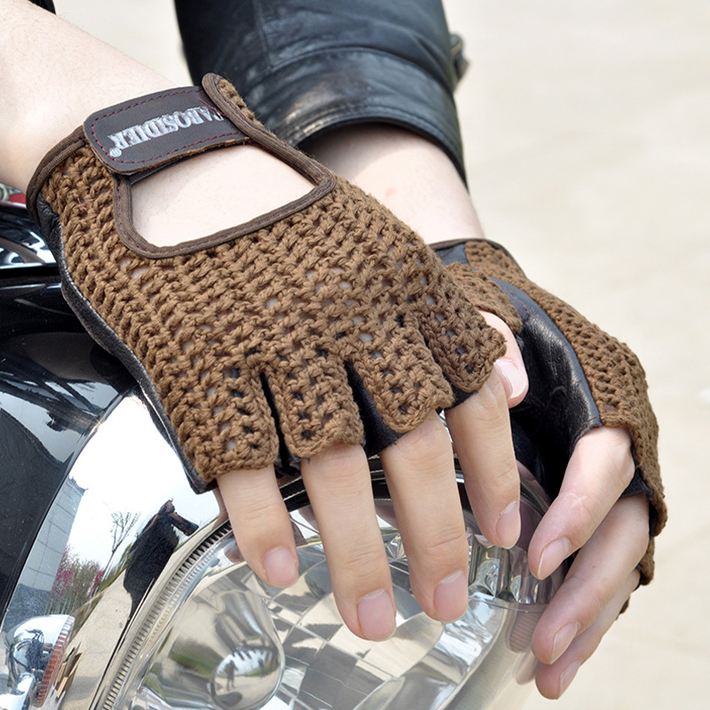 Leather Half-finger Gloves Men's Cowhide Knitted Fitness Driving Motorcycle Riding Sports Non-slip Breathable Half-finger Gloves