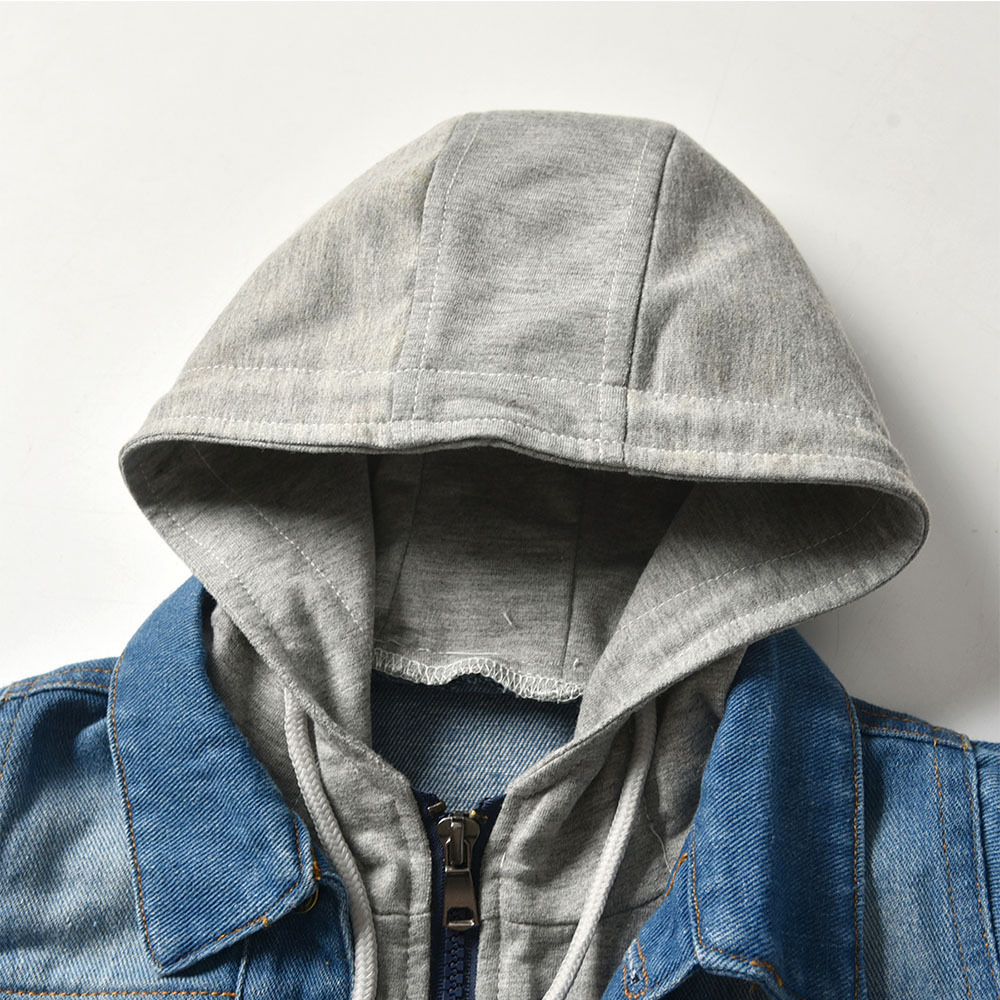 Children's fake two-piece denim coat for boys and girls autumn and winter New hooded fashion casual coat for foreign trade Wholesale
