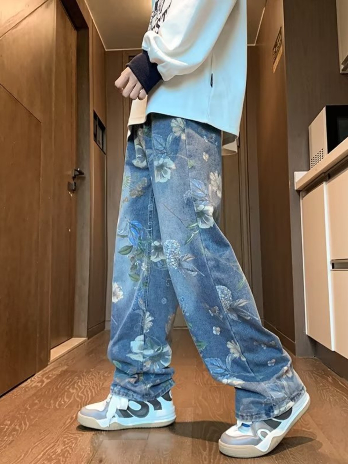 American high street washed jeans men's design sense niche fashion brand retro street hip hop casual wide leg trousers